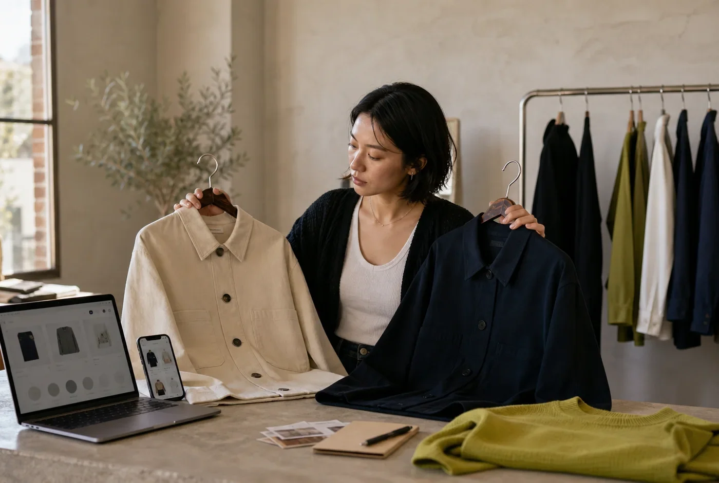 A shopper compares two jackets beside a laptop and phone displaying product cards in an independent fashion showroom.