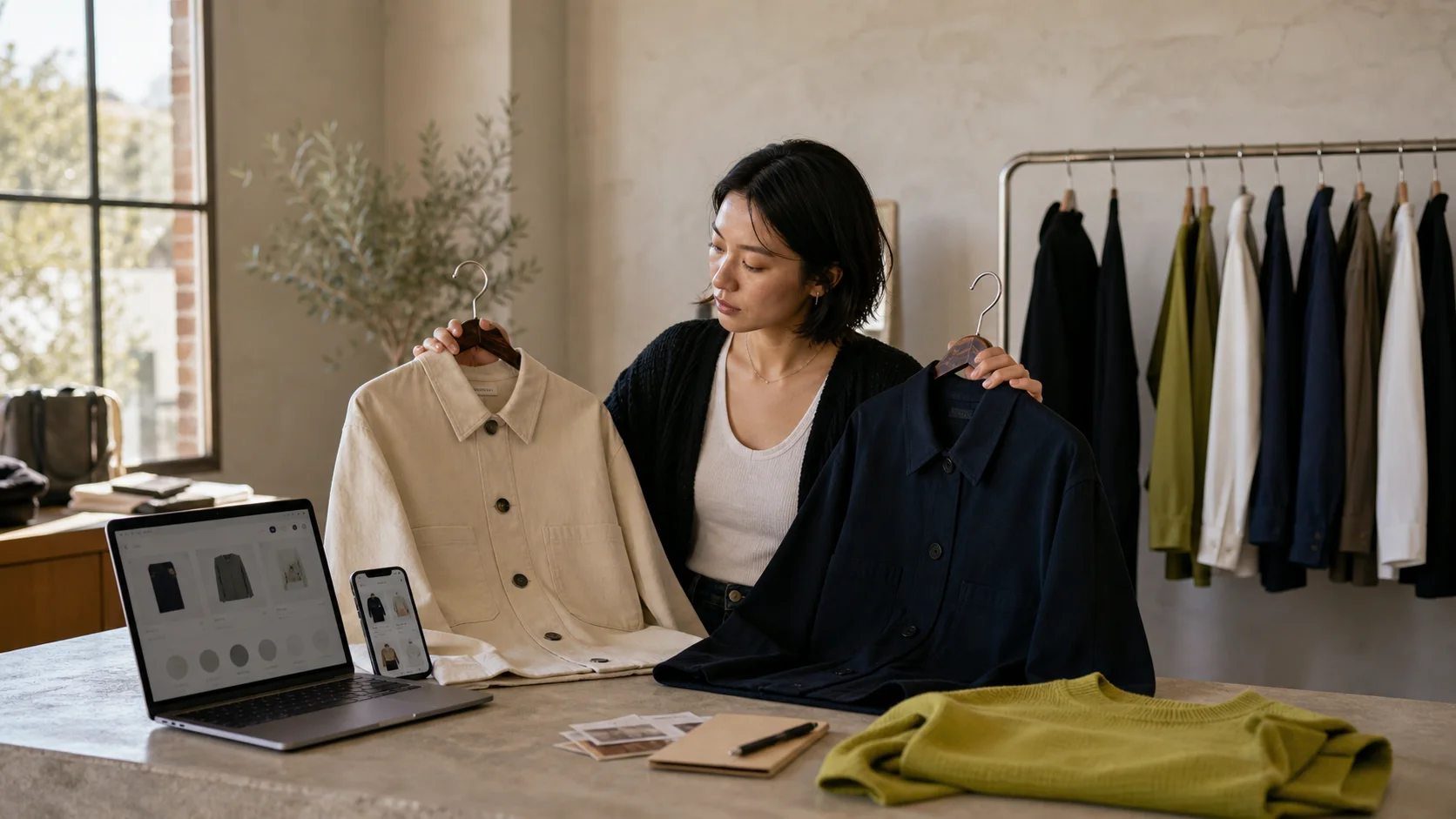 A shopper compares two jackets beside a laptop and phone displaying product cards in an independent fashion showroom.