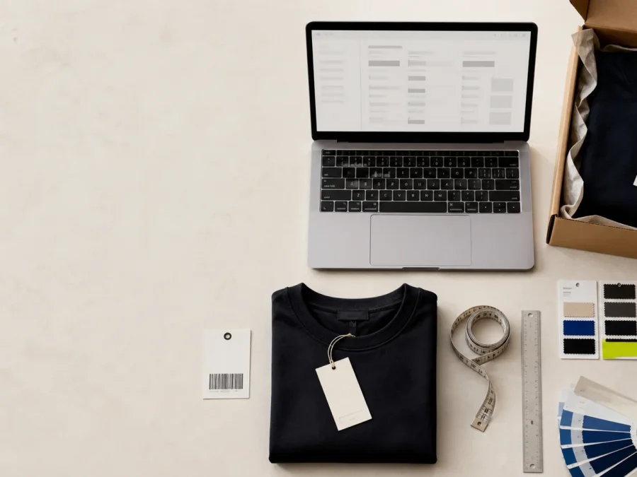 An overhead fashion product-data workstation with a folded garment, tags, swatches, measuring tape, laptop, and shipping box.