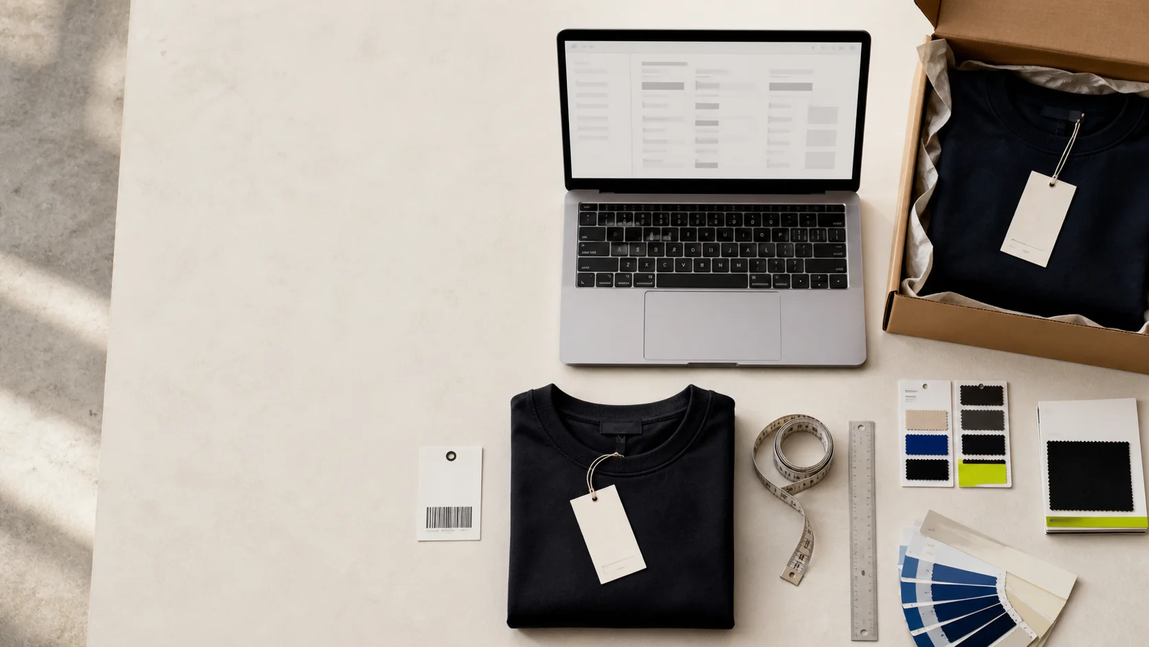 An overhead fashion product-data workstation with a folded garment, tags, swatches, measuring tape, laptop, and shipping box.