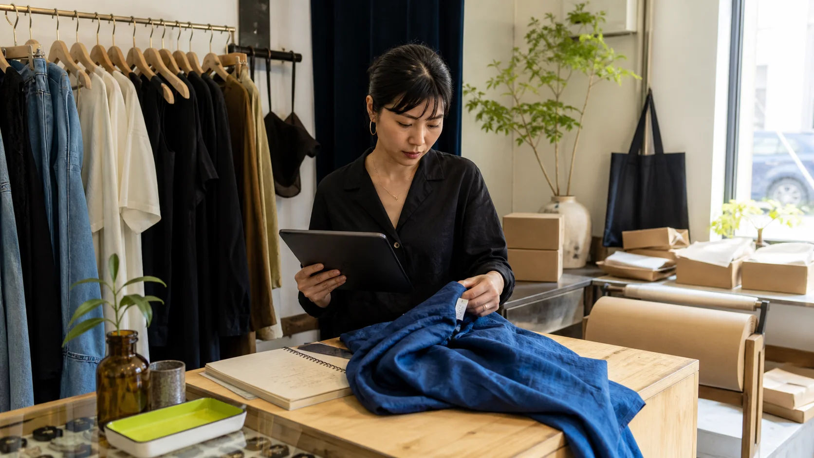 A boutique owner checks a garment care label while reviewing a tablet beside a stock notebook and packing station.