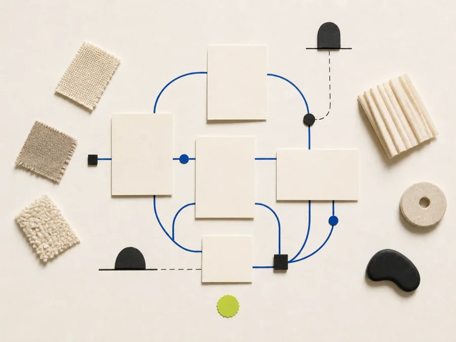 Fictional independent boutique recommendation board with blank product tiles, neutral fabric samples, cobalt relationship paths, and an acid-lime merchant approval marker.