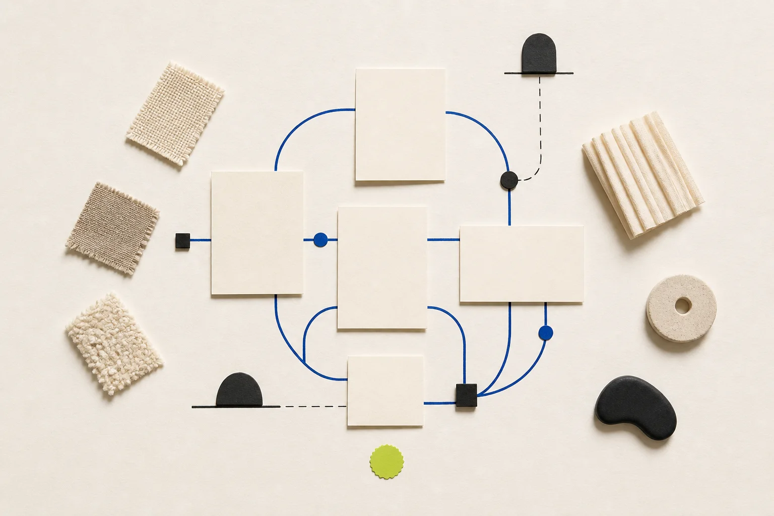 Fictional independent boutique recommendation board with blank product tiles, neutral fabric samples, cobalt relationship paths, and an acid-lime merchant approval marker.
