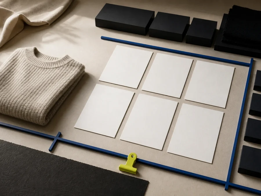 Fictional weekly merchandising worktable with blank decision cards, folded neutral knitwear, dark inventory blocks, cobalt dividers, and an acid-lime approval clip.