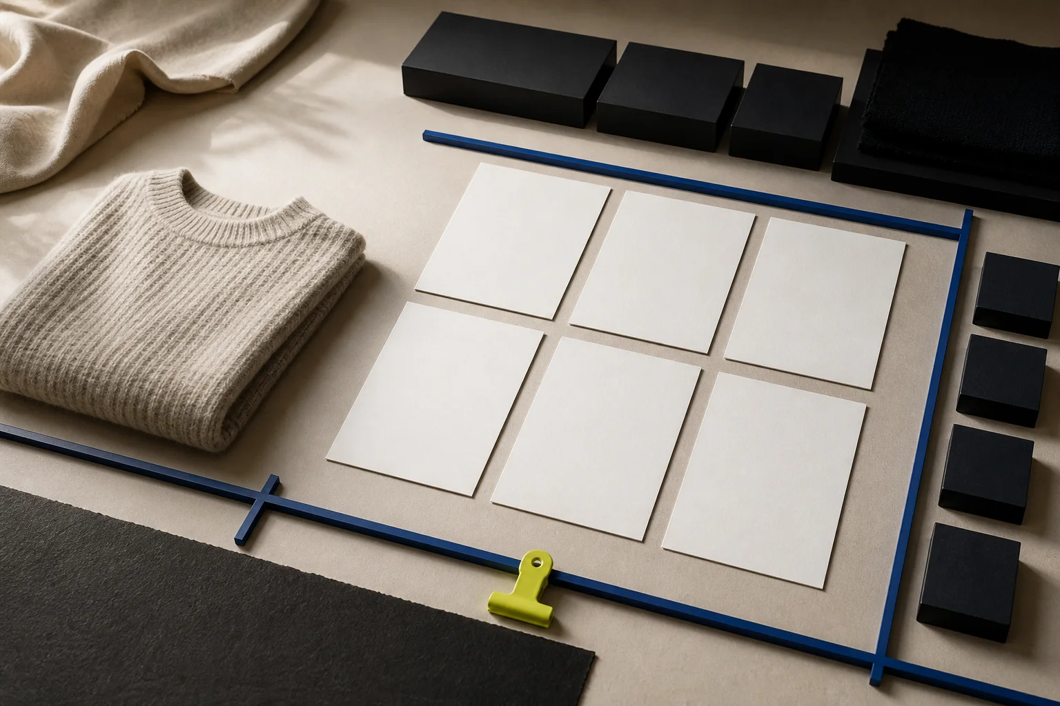 Fictional weekly merchandising worktable with blank decision cards, folded neutral knitwear, dark inventory blocks, cobalt dividers, and an acid-lime approval clip.