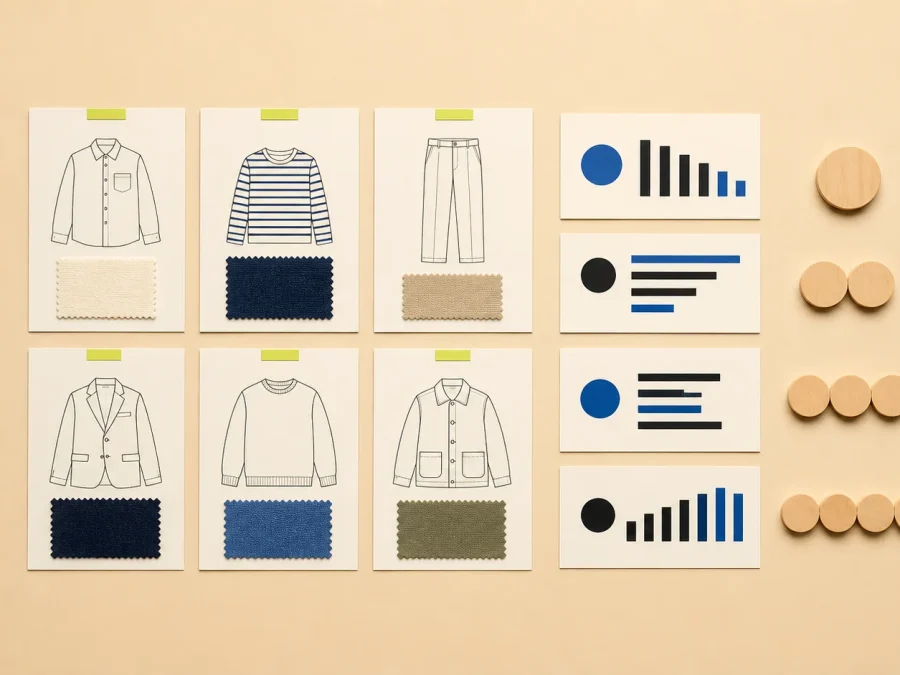 Six fictional garment cards beside abstract budget, space, margin, and demand cards with wooden quantity tokens on a beige planning board.