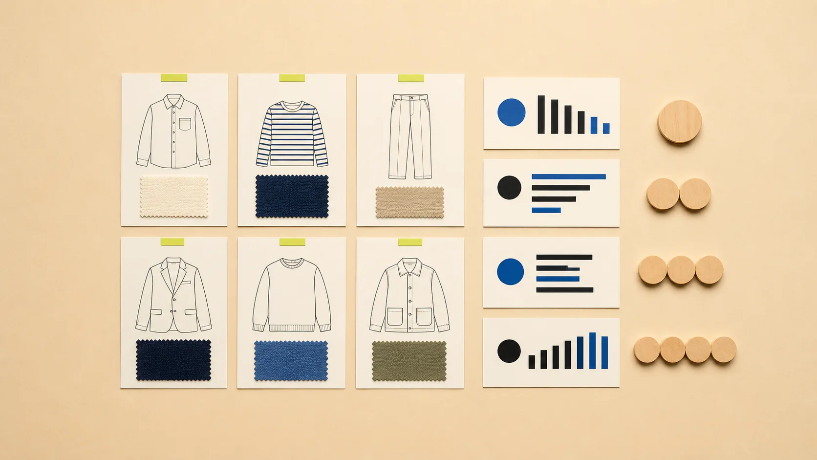 Six fictional garment cards beside abstract budget, space, margin, and demand cards with wooden quantity tokens on a beige planning board.