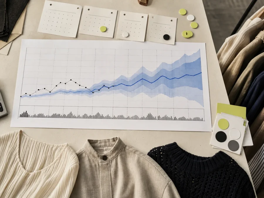 A fashion merchandising desk with a printed forecast chart, a wide uncertainty band, planning chips, calculator, fabric, and garments.
