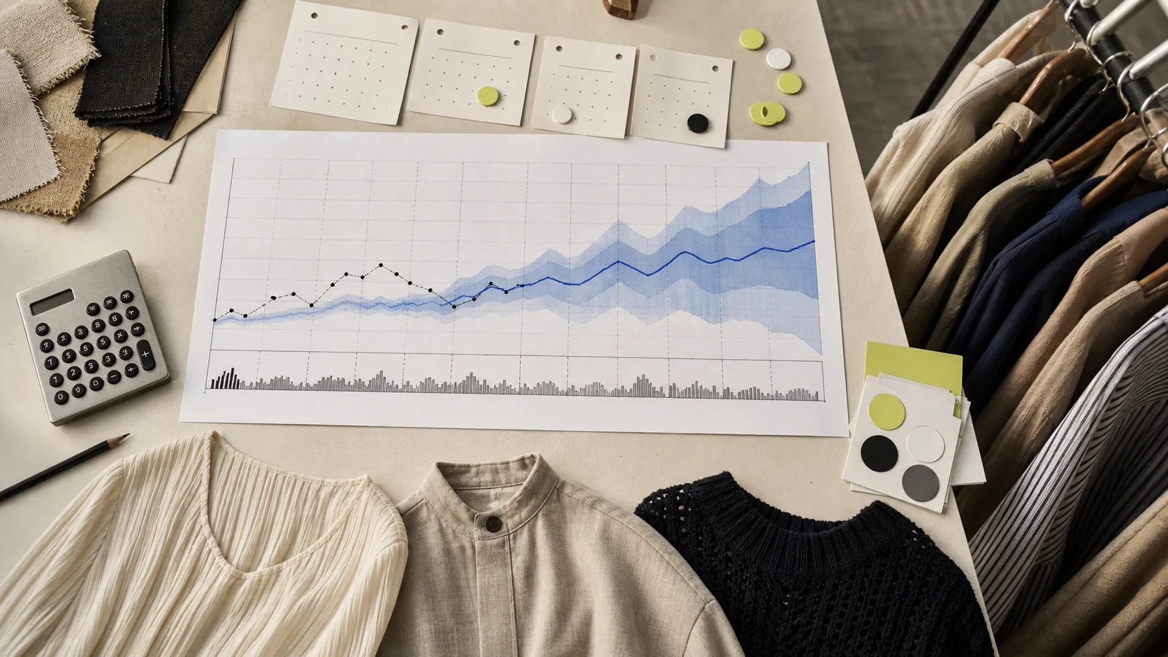 A fashion merchandising desk with a printed forecast chart, a wide uncertainty band, planning chips, calculator, fabric, and garments.