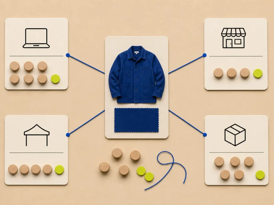 A fictional cobalt jacket card connected to four destination cards for online, store, pop-up, and wholesale, each holding wooden inventory tokens.