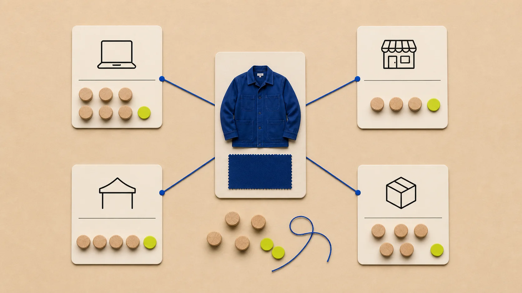 A fictional cobalt jacket card connected to four destination cards for online, store, pop-up, and wholesale, each holding wooden inventory tokens.