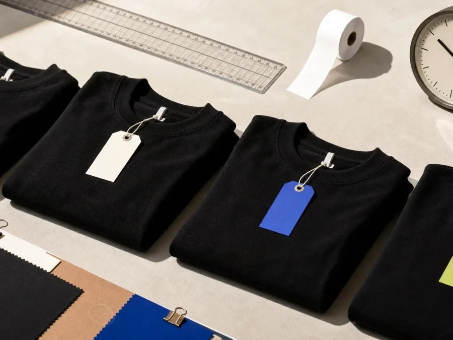 Identical black garments arranged with different blank colored price tags, a clock, ruler, and receipt roll on a studio table.