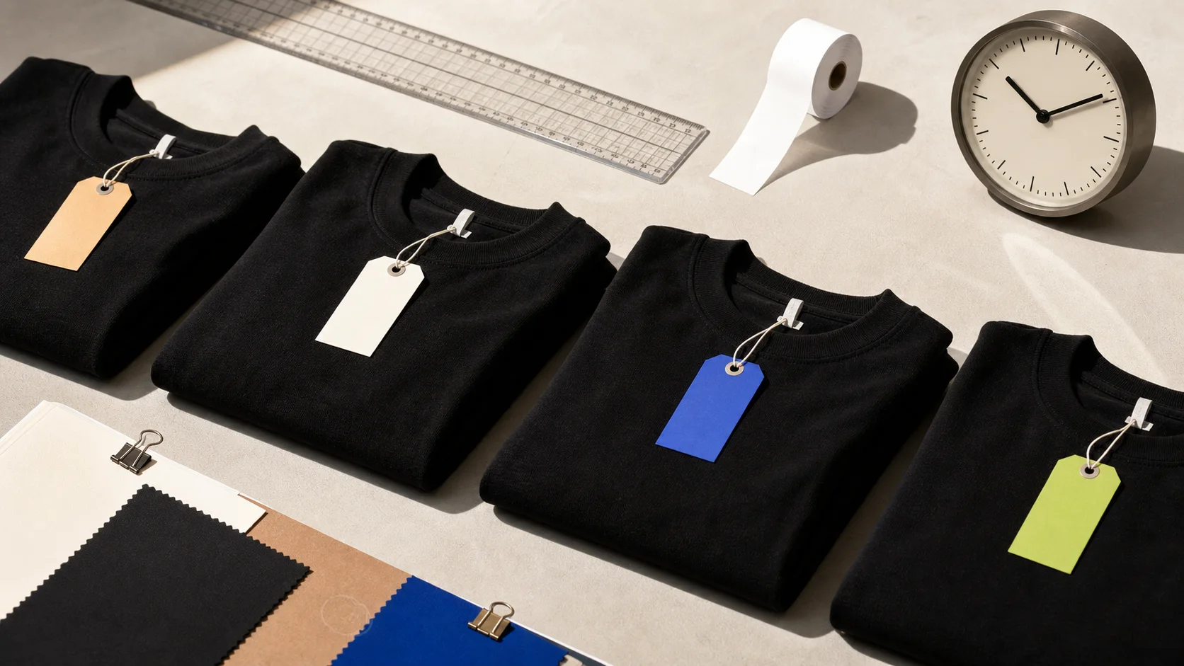 Identical black garments arranged with different blank colored price tags, a clock, ruler, and receipt roll on a studio table.
