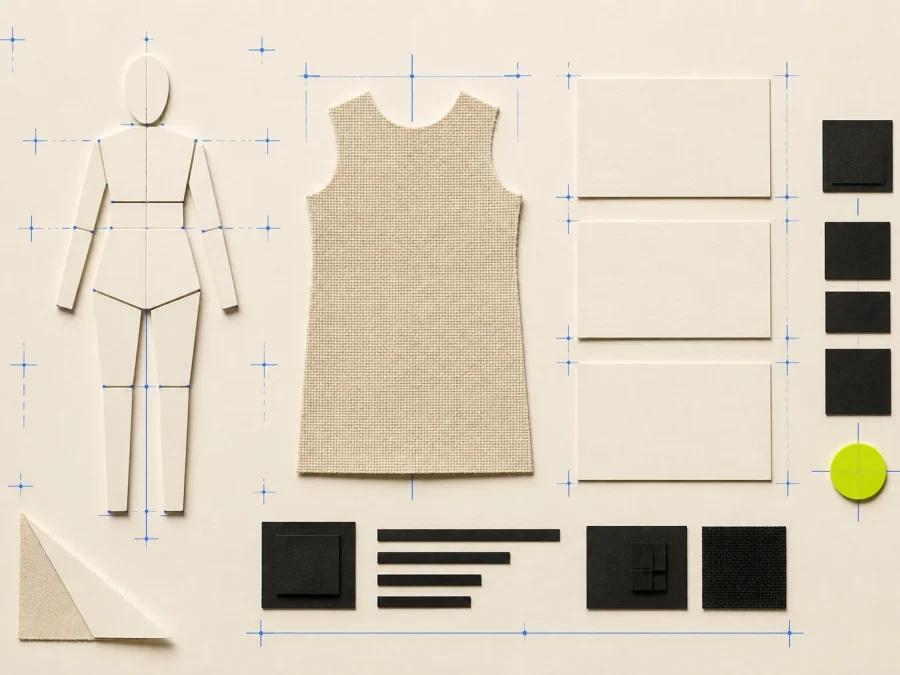 Fictional virtual try-on evaluation board with a blank garment silhouette, neutral material sample, abstract body frame, cobalt comparison guides, and an acid-lime human-review marker.