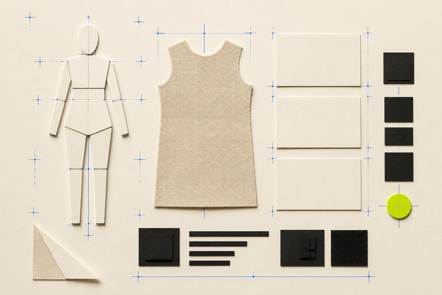 Fictional virtual try-on evaluation board with a blank garment silhouette, neutral material sample, abstract body frame, cobalt comparison guides, and an acid-lime human-review marker.
