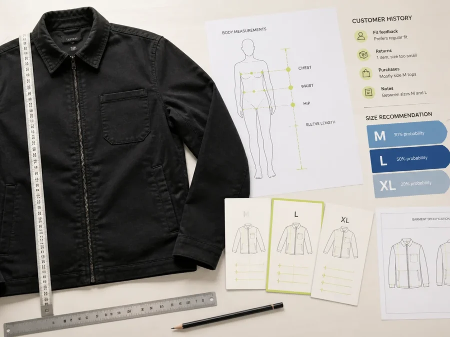 A black jacket, measuring tape, body-measurement diagram, size cards, and probability ranges arranged on a technical-design table.