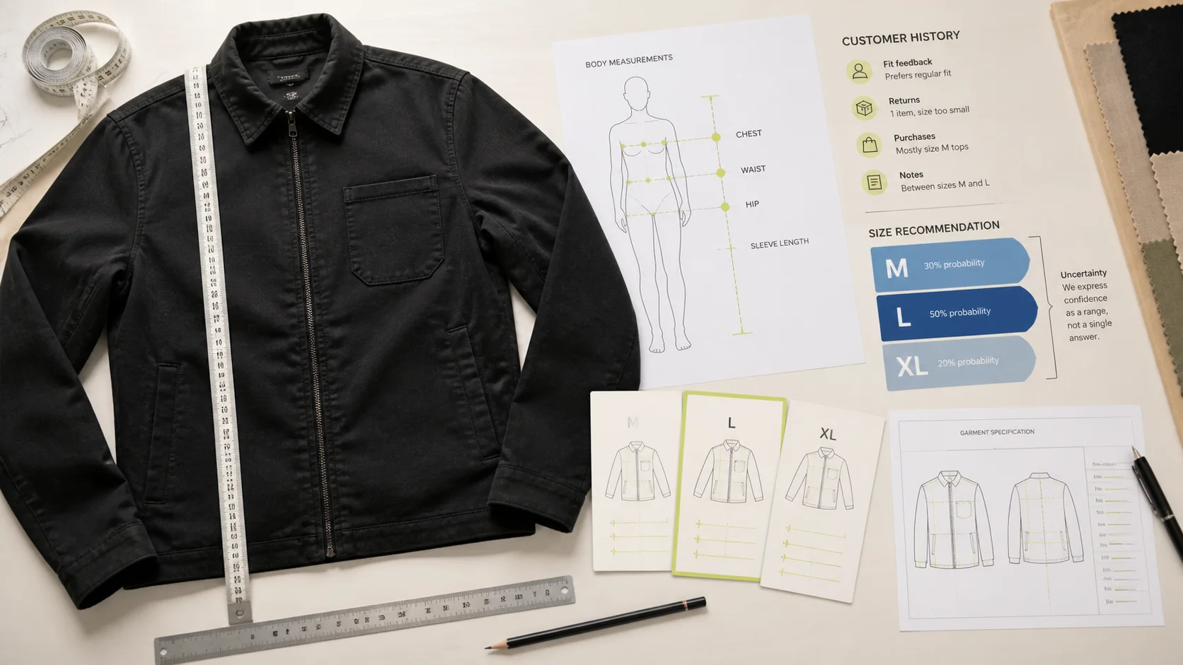 A black jacket, measuring tape, body-measurement diagram, size cards, and probability ranges arranged on a technical-design table.
