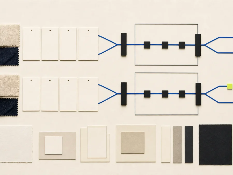 Fictional fit and returns evidence board with blank garment-measurement cards, neutral textile pieces, cobalt cohort paths, and an acid-lime completed-return-window marker.