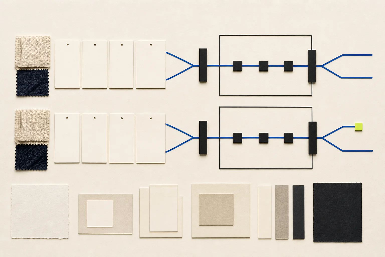 Fictional fit and returns evidence board with blank garment-measurement cards, neutral textile pieces, cobalt cohort paths, and an acid-lime completed-return-window marker.