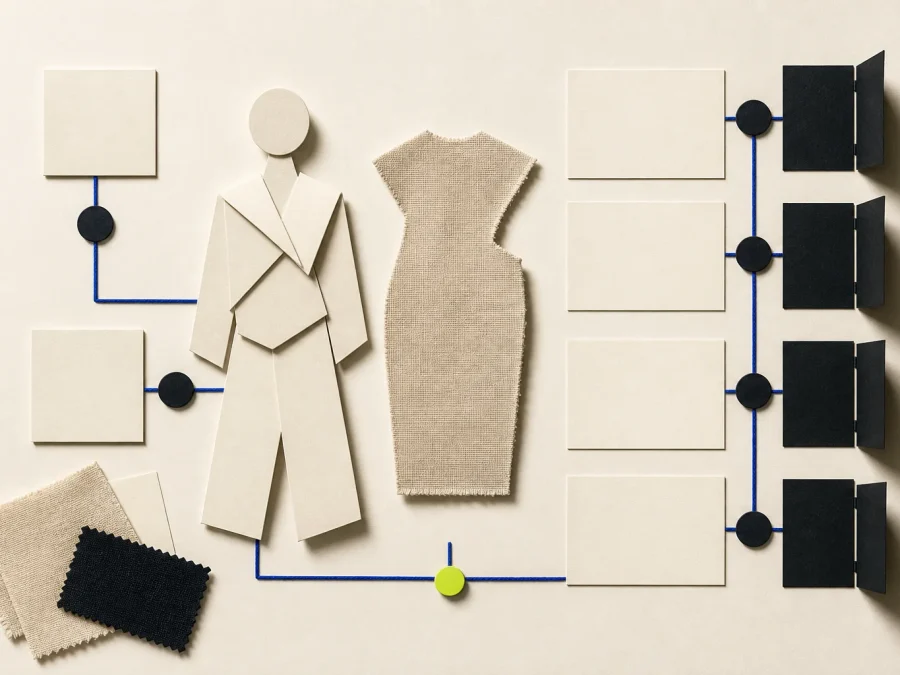 Fictional fashion image production board with an abstract paper figure, blank consent and review cards, neutral garment materials, cobalt provenance lines, and an acid-lime human approval marker.
