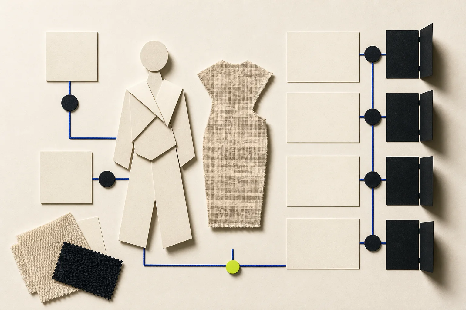 Fictional fashion image production board with an abstract paper figure, blank consent and review cards, neutral garment materials, cobalt provenance lines, and an acid-lime human approval marker.