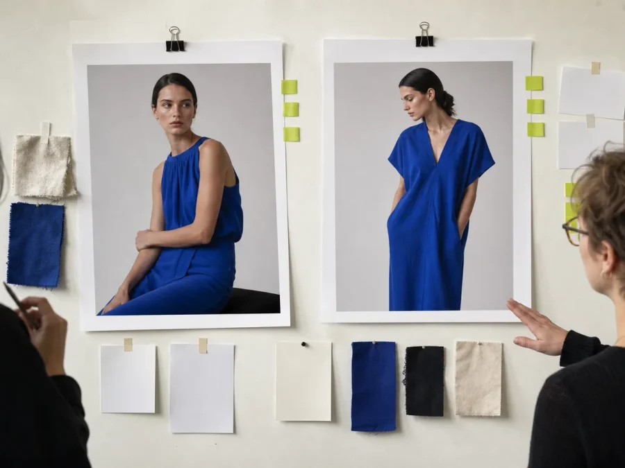 Two fashion editors review large prints of the same fictional model wearing cobalt garments beside fabric swatches and blank disclosure cards.