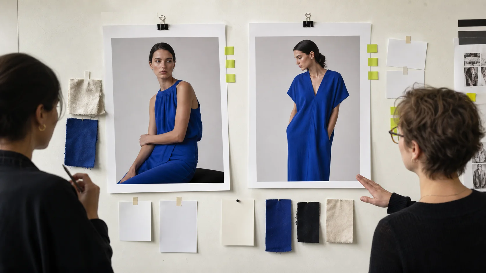 Two fashion editors review large prints of the same fictional model wearing cobalt garments beside fabric swatches and blank disclosure cards.