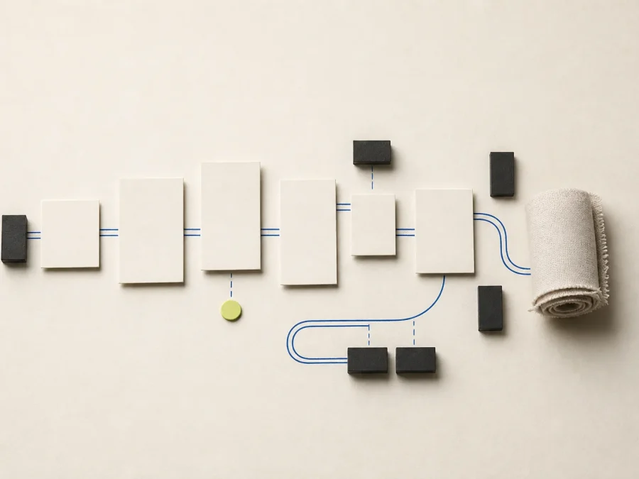 Fictional fashion campaign cost desk with blank phase cards, a neutral fabric roll, dark cost blocks, cobalt routing lines, and an acid-lime review marker.