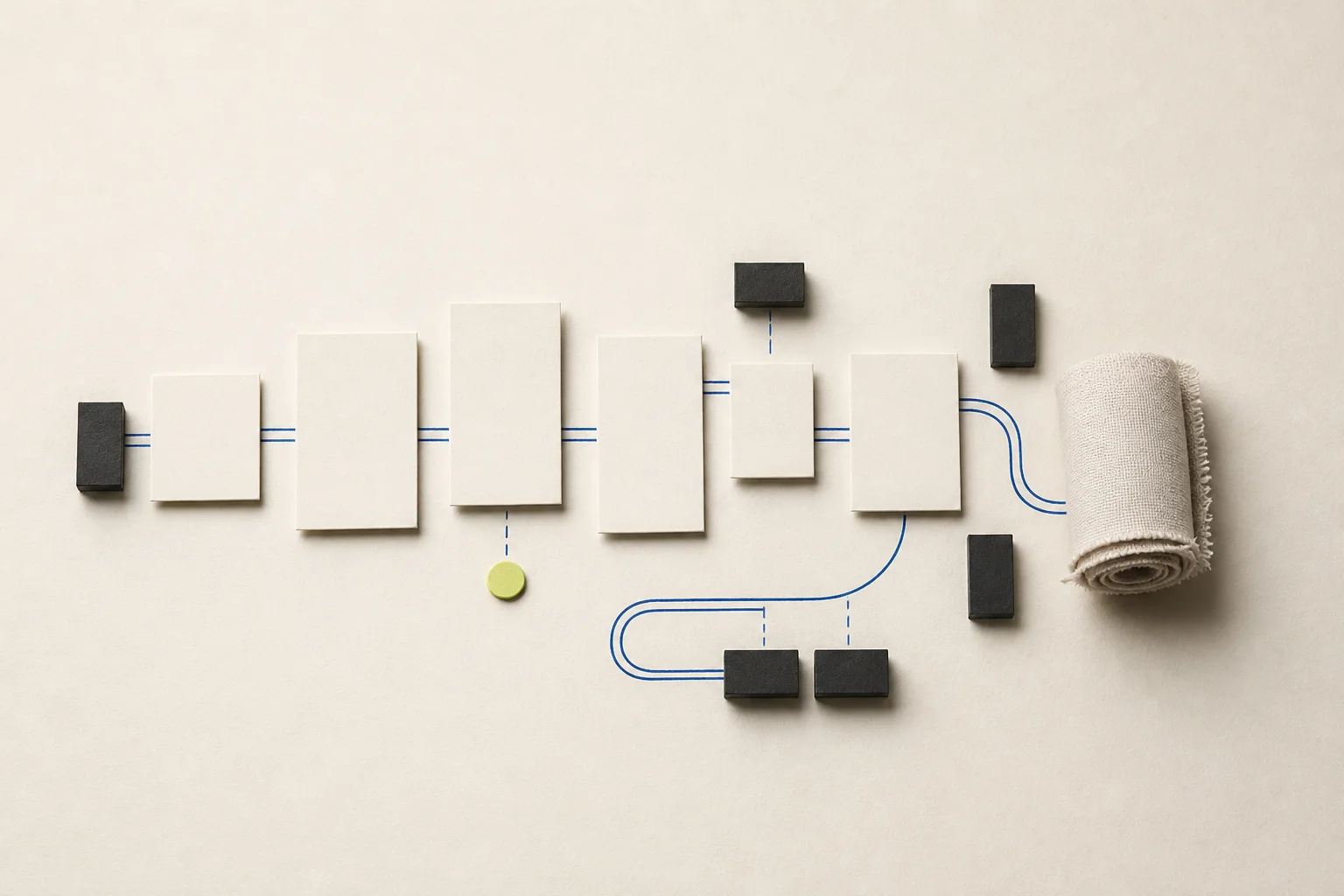 Fictional fashion campaign cost desk with blank phase cards, a neutral fabric roll, dark cost blocks, cobalt routing lines, and an acid-lime review marker.