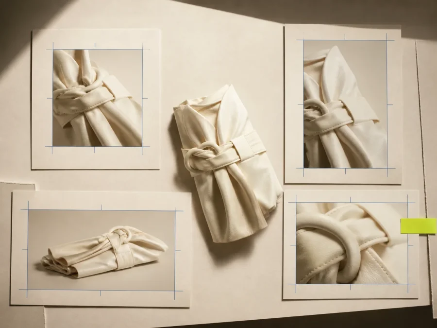 Fictional neutral fashion product still life branching into blank square, portrait, landscape, and detail frames with cobalt crop guides and an acid-lime approval marker.