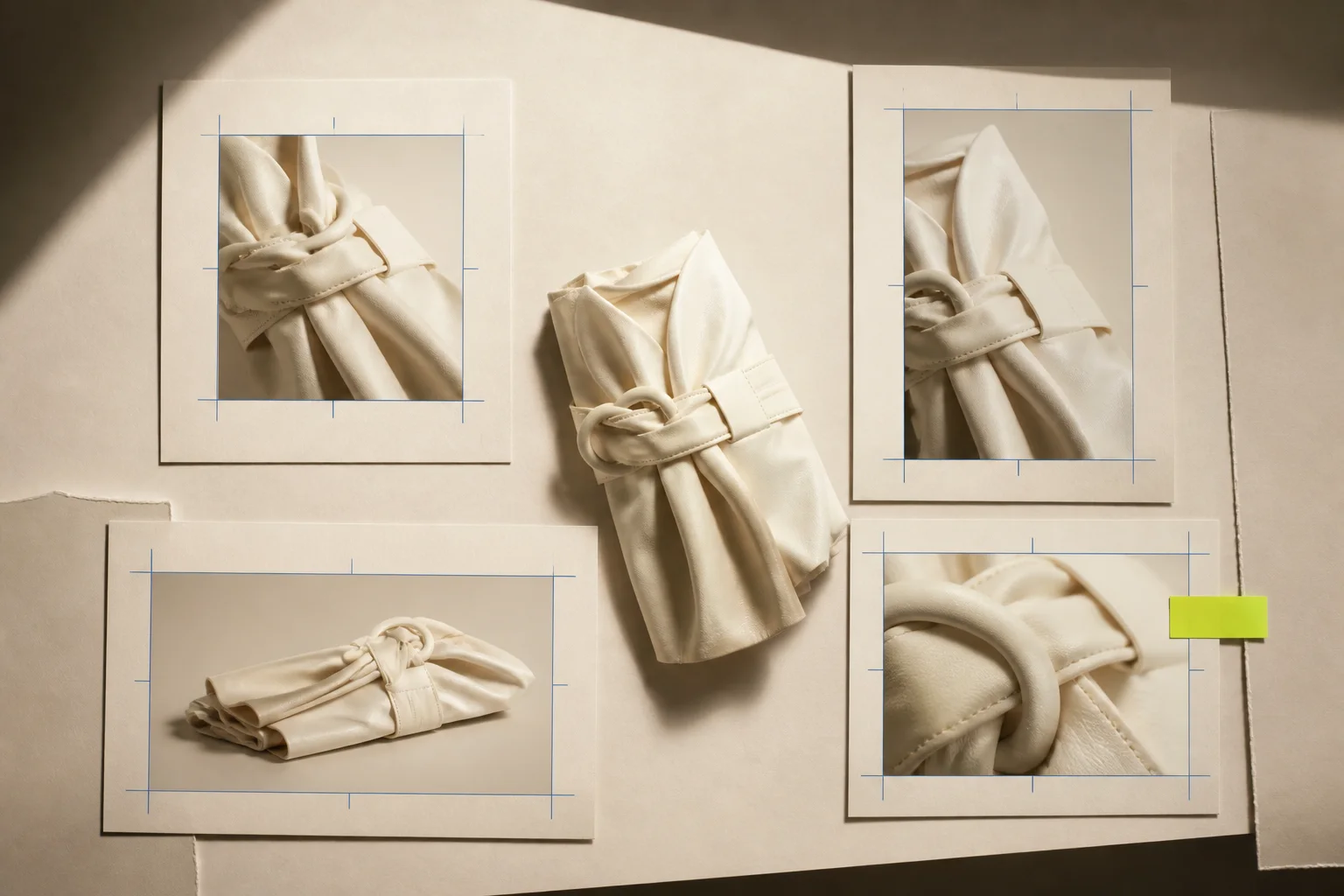 Fictional neutral fashion product still life branching into blank square, portrait, landscape, and detail frames with cobalt crop guides and an acid-lime approval marker.