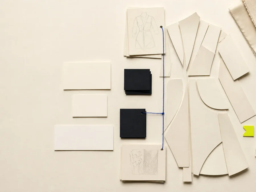 Fictional fashion rights-review desk with an abstract garment pattern, blank provenance cards, dark contract blocks, cobalt linking thread, and an acid-lime counsel-review tab.