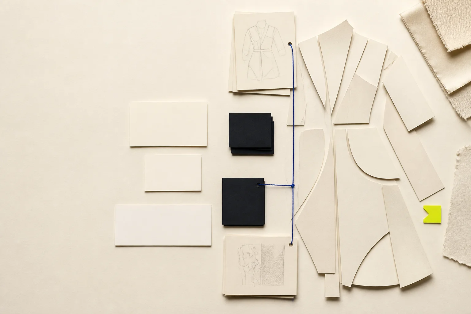 Fictional fashion rights-review desk with an abstract garment pattern, blank provenance cards, dark contract blocks, cobalt linking thread, and an acid-lime counsel-review tab.