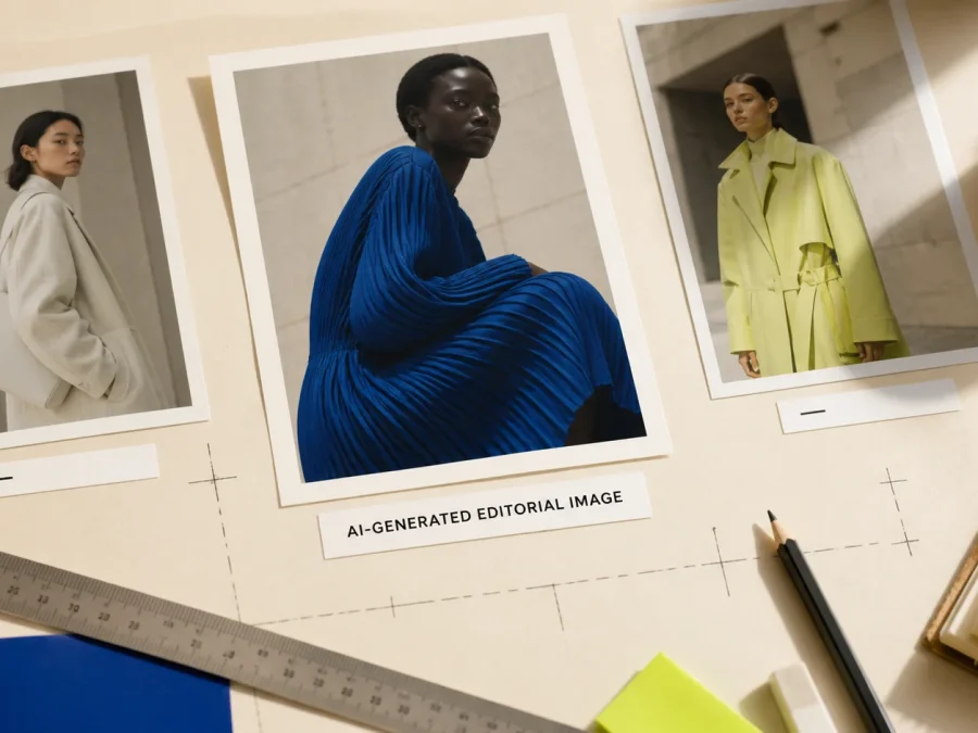Three printed fictional fashion images on an editorial desk; the center image has a clear caption reading AI-GENERATED EDITORIAL IMAGE.