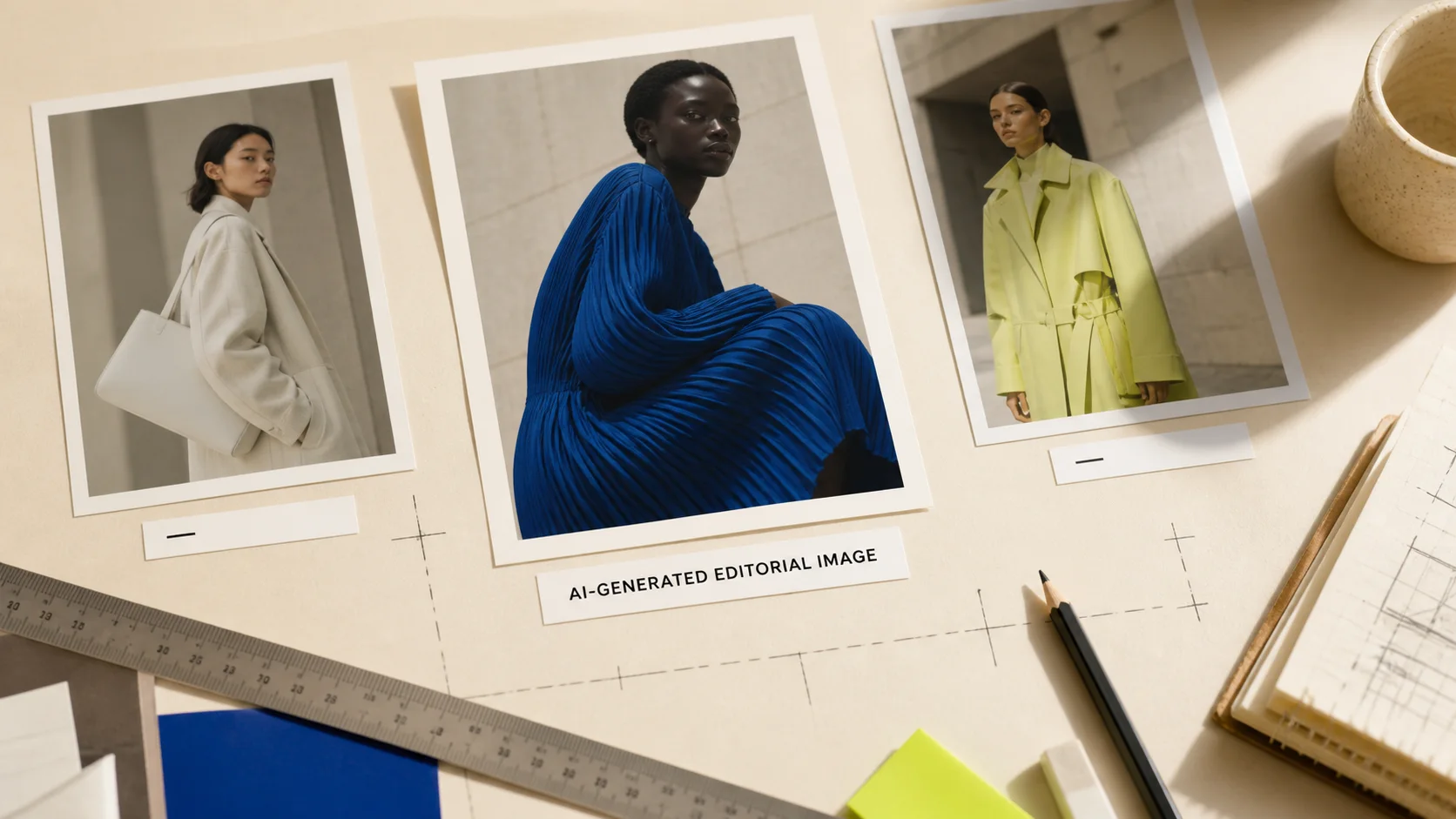 Three printed fictional fashion images on an editorial desk; the center image has a clear caption reading AI-GENERATED EDITORIAL IMAGE.