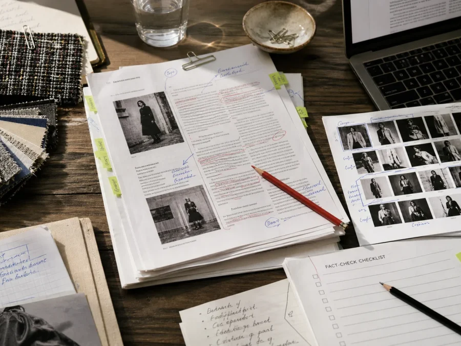 An editor’s table with marked article pages, source notes, a fact-check checklist, image contact sheet, fabric swatches, and laptop.