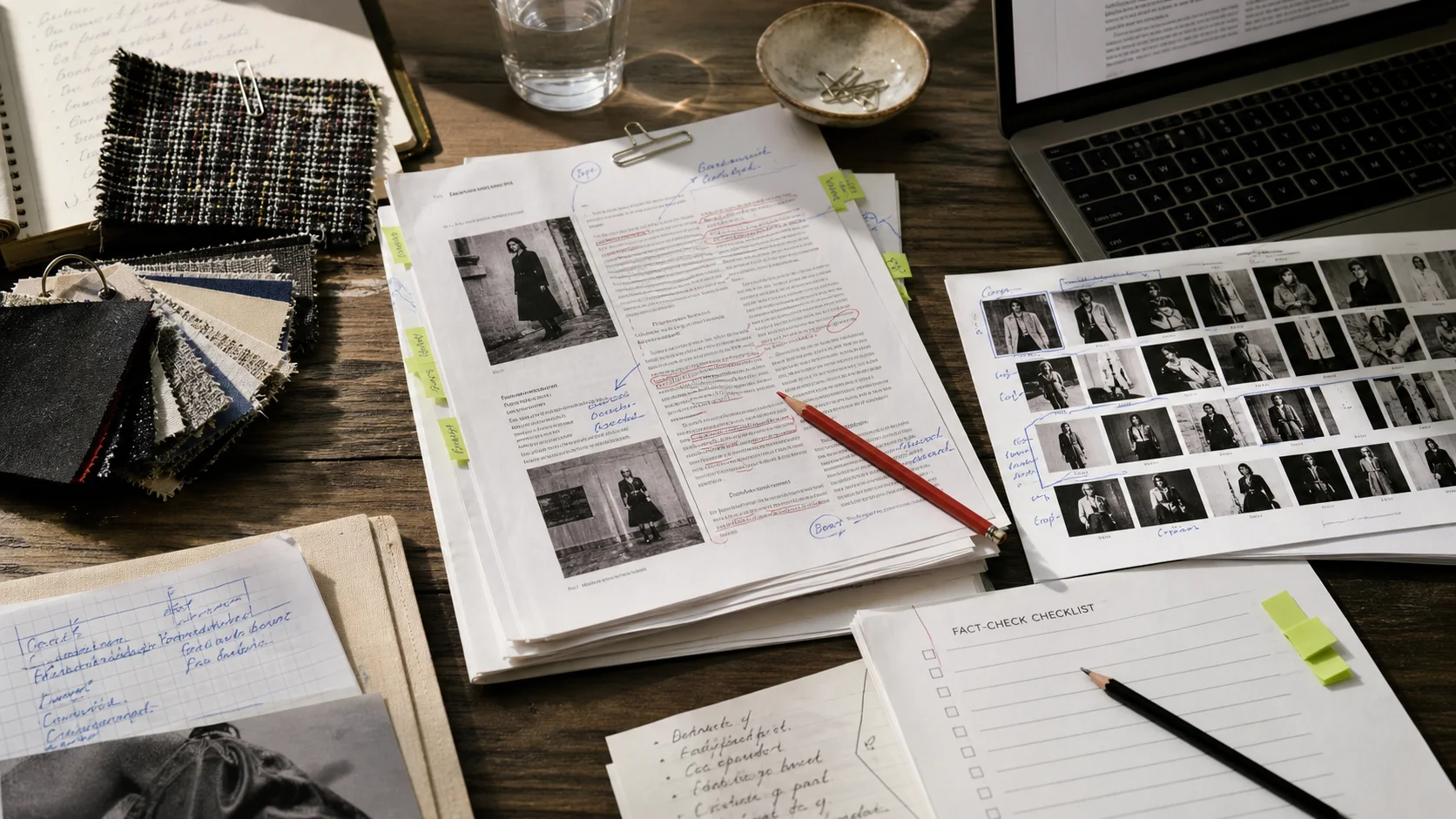 An editor’s table with marked article pages, source notes, a fact-check checklist, image contact sheet, fabric swatches, and laptop.