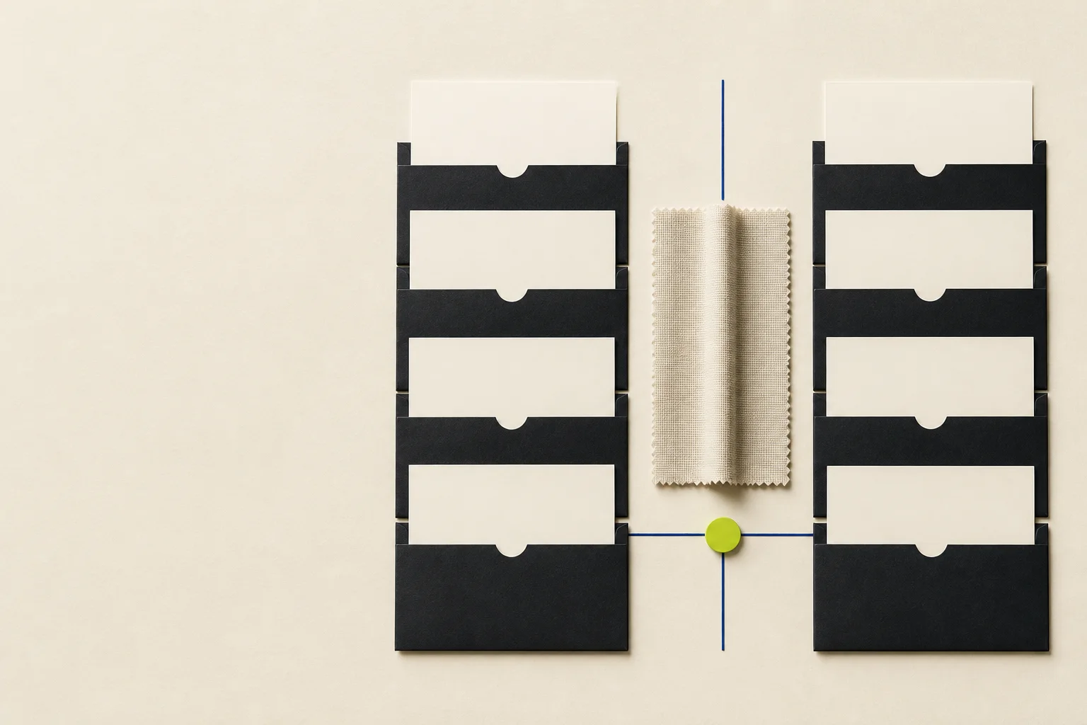 Fictional blind copy-test table with paired blank cards, dark concealed-source sleeves, cobalt dividers, and an acid-lime unblinding tab.