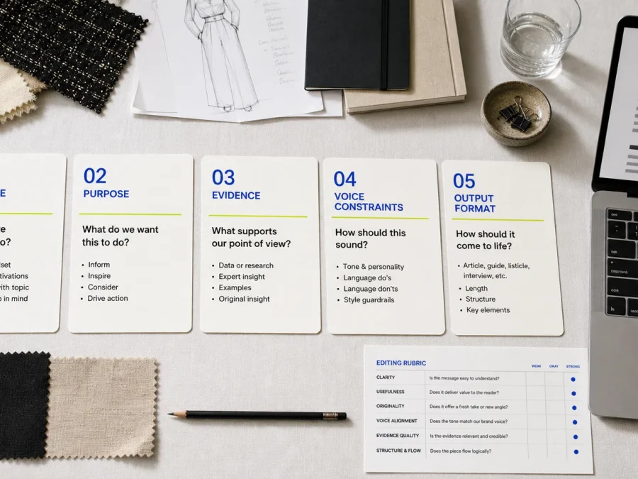 Five prompt cards labeled audience, purpose, evidence, voice constraints, and output format beside fabric swatches, a laptop, and editing rubric.