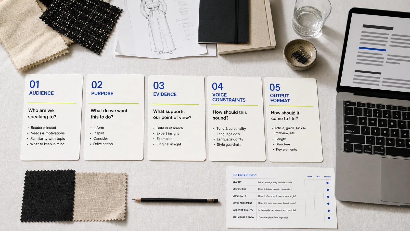 Five prompt cards labeled audience, purpose, evidence, voice constraints, and output format beside fabric swatches, a laptop, and editing rubric.