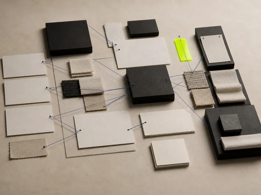 Fictional fashion trend evidence table with blank source cards, dark archive blocks, cobalt connecting threads, neutral fabric swatches, and an acid-lime uncertainty marker.