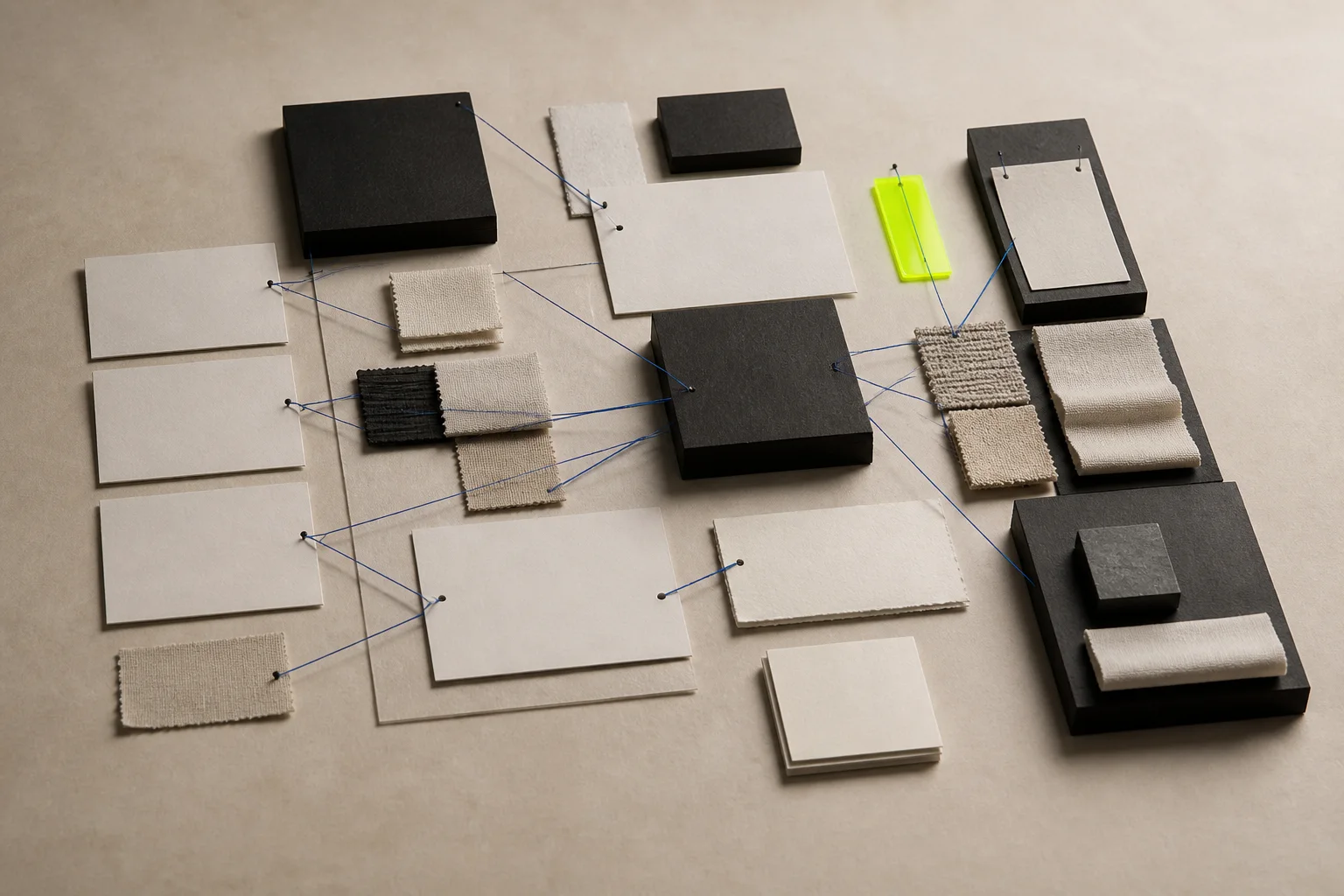 Fictional fashion trend evidence table with blank source cards, dark archive blocks, cobalt connecting threads, neutral fabric swatches, and an acid-lime uncertainty marker.