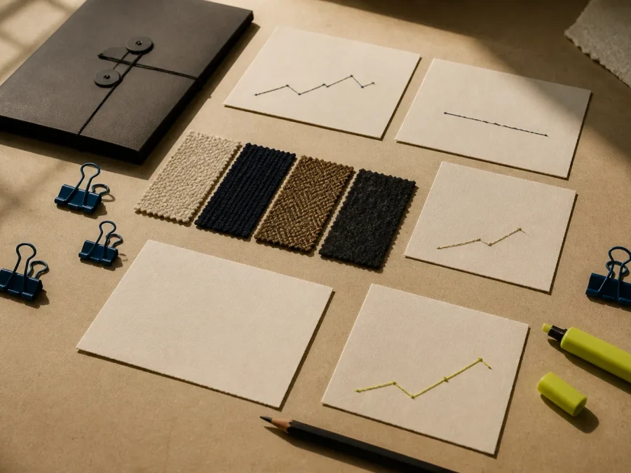 Fictional fashion signal review board made from blank paper cards, small chart-like threads, fabric swatches, cobalt clips, and an acid-lime marker on a warm worktable.