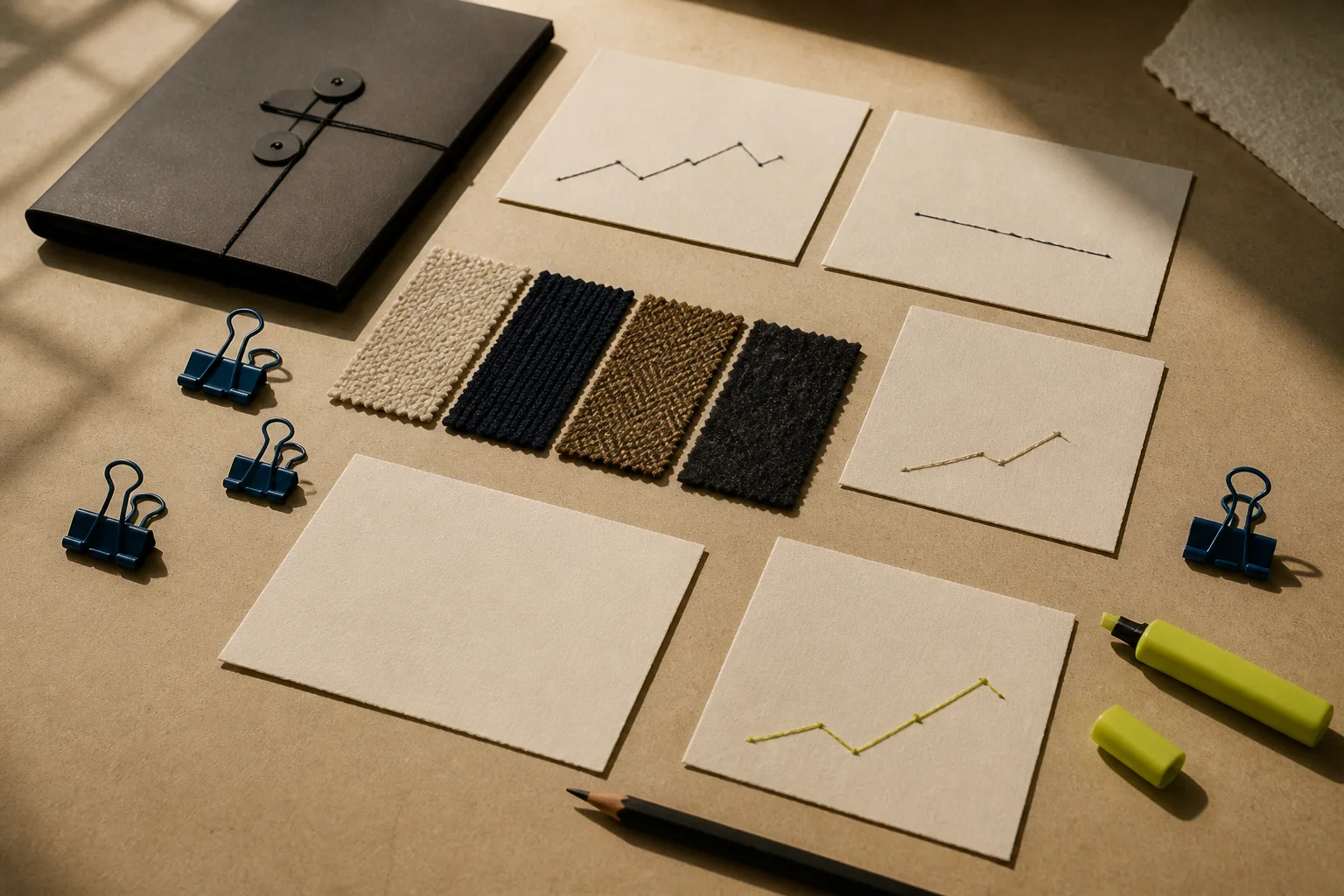 Fictional fashion signal review board made from blank paper cards, small chart-like threads, fabric swatches, cobalt clips, and an acid-lime marker on a warm worktable.
