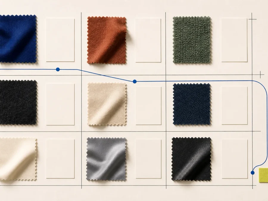 Fictional color-forecast worktable with unprinted cobalt, lime, clay, cream, silver, and near-black swatches, dark archive blocks, and a single acid-lime review clip.