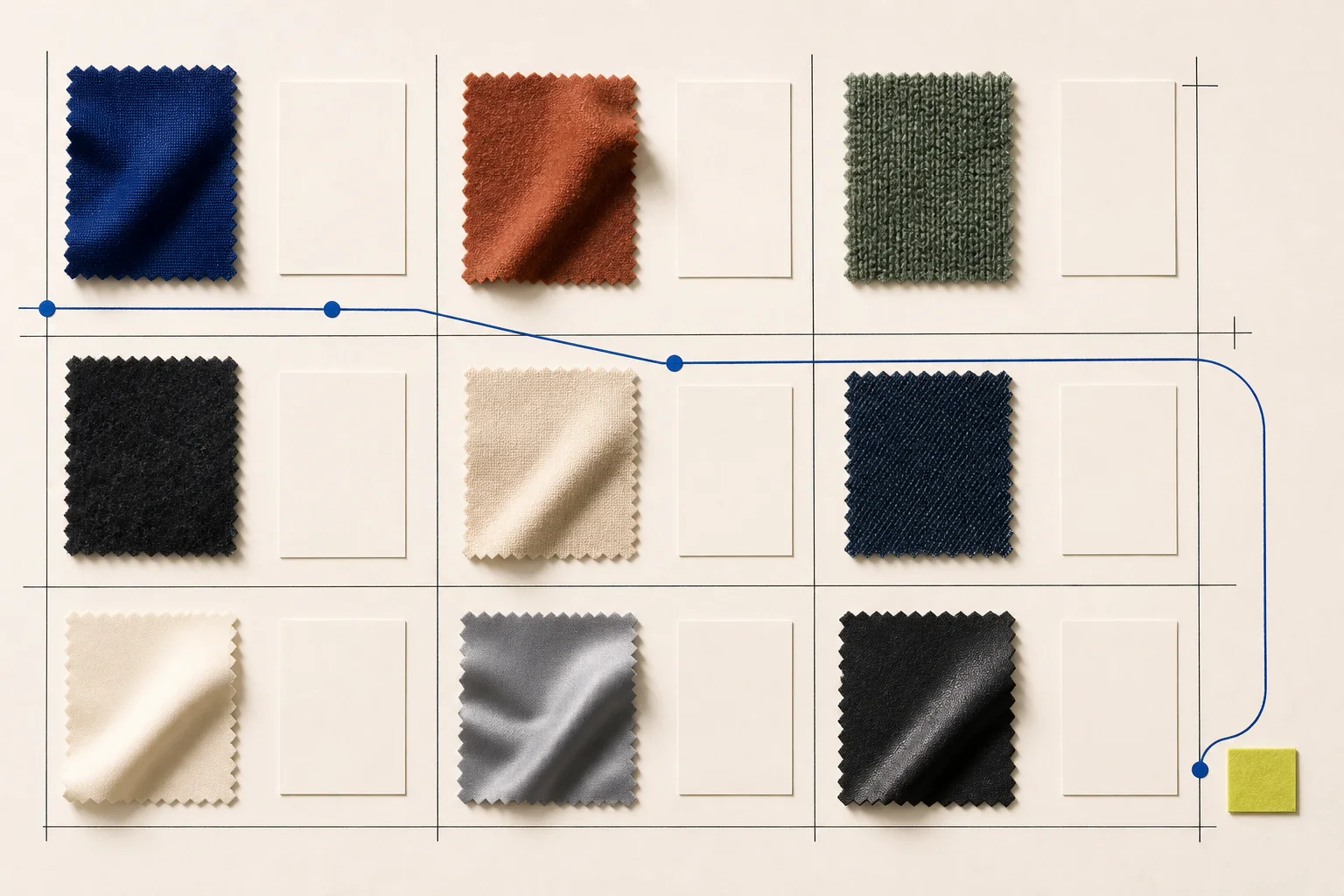 Fictional color-forecast worktable with unprinted cobalt, lime, clay, cream, silver, and near-black swatches, dark archive blocks, and a single acid-lime review clip.