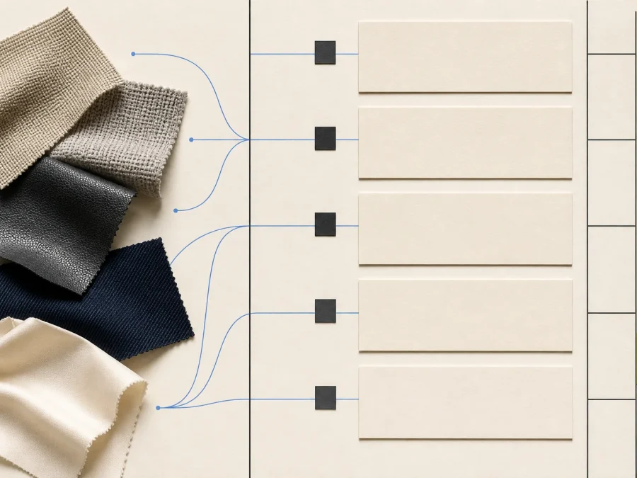 Fictional fashion materials desk with neutral woven, knit, coated, denim, and satin swatches aligned to blank specification cards, cobalt guides, and an acid-lime review tab.