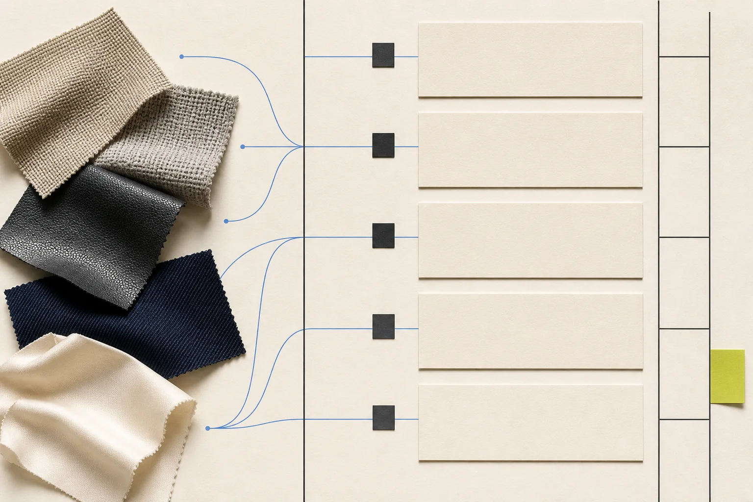 Fictional fashion materials desk with neutral woven, knit, coated, denim, and satin swatches aligned to blank specification cards, cobalt guides, and an acid-lime review tab.