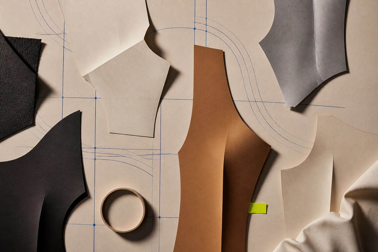 Abstract paper garment panels arranged over a warm patternmaking table with cobalt construction paths and one acid-lime human-review marker.