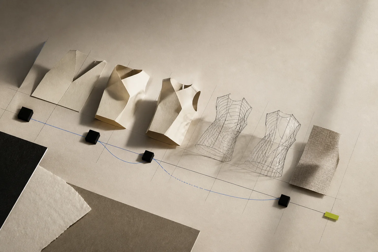 Sculptural paper garment volumes transition into a small neutral fabric sample across a strict cobalt development grid with an acid-lime validation tab.